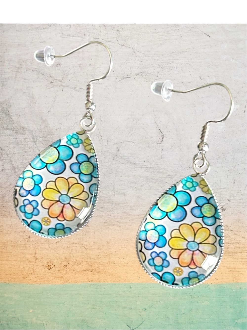 Colorful Cabochon Teardrop Dangle Earrings Boho Floral image under a Glass dome